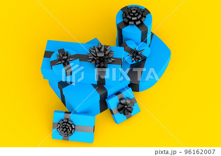 Gift boxes with ribbon and bow isolated on yellow background. greeting design Gift boxes with ribbon and bow isolated on yellow background. greeting design 96162007