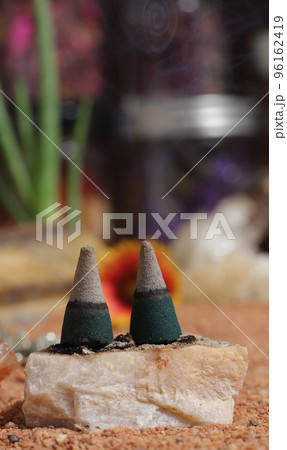 Chakra Stones With Aloe Vera and Incense Cones on Australian Red Sand 96162419