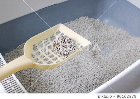 A scoop with cat excrement over a garbage can A scoop with cat excrement over a garbage can 96162879