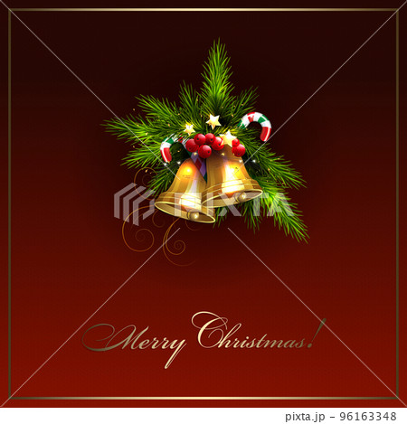 Christmas illustration with Christmas garland, golden bells on a red background 96163348