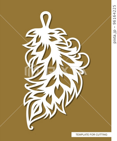 Hanging decoration - feather pendant. Carved decorative element in the shape of a leaf for costume jewelry. Template for plotter laser cutting of paper, wood, metal engraving, cnc. Vector illustration 96164225
