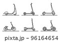 Set of flat design images of kick scooters drawn in art line style. 96164654