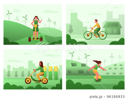 Electric transport. Green city car. Bus and bicycle. Battery vehicle. Automobile or bike charging. Eco friendly environment auto. Persons drive motorcycles. Vector cartoon recent illustrations set Electric transport. Green city car. Bus and bicycle. Battery vehicle. Automobile or bike charging. Eco friendly environment auto. Persons drive motorcycles. Vector cartoon recent illustrations set 96166833