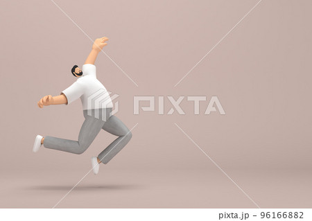 The man with beard wearinggray corduroy pants and white collar t-shirt. He is jumping. 3d rendering of cartoon character in acting. The man with beard wearinggray corduroy pants and white collar t-shirt. He is jumping. 3d rendering of cartoon character in acting. 96166882