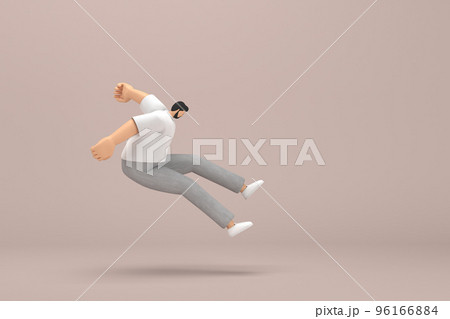 The man with beard wearinggray corduroy pants and white collar t-shirt. He is jumping. 3d rendering of cartoon character in acting. The man with beard wearinggray corduroy pants and white collar t-shirt. He is jumping. 3d rendering of cartoon character in acting. 96166884