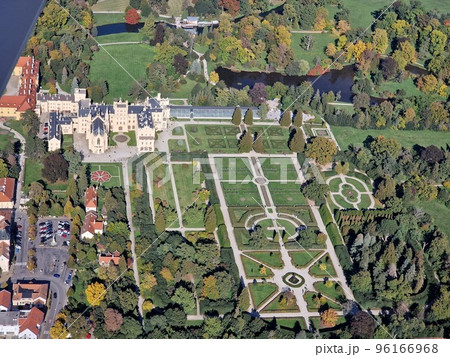 Aerial view of Lednice Valtice Area with castle and a park in South Moravia, Czech Republic. Aerial view of Lednice Valtice Area with castle and a park in South Moravia, Czech Republic. 96166968
