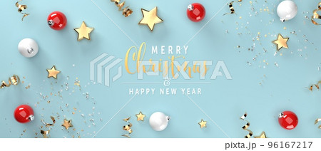 Christmas border - baubles and stars - 3D render 96167217