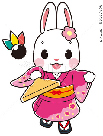 こちらに向かって羽根をつく着物姿の可愛いうさぎ 96167606