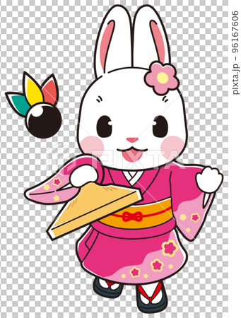 こちらに向かって羽根をつく着物姿の可愛いうさぎ 96167606