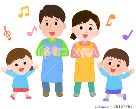 お遊戯で楽しそうに踊る保育園児と保育士　イラスト 96167763