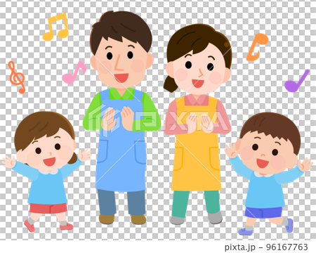お遊戯で楽しそうに踊る保育園児と保育士　イラスト 96167763