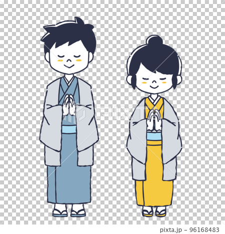 A woman and a man wearing a kimono to pray 96168483