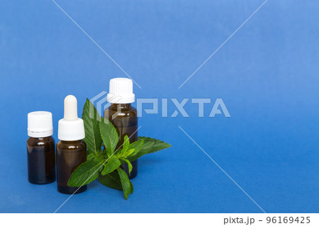 Natural Mint Essential Oil in a Glass Bottle. organic cosmetics with herbal extracts of mint on colored background Natural Mint Essential Oil in a Glass Bottle. organic cosmetics with herbal extracts of mint on colored background 96169425
