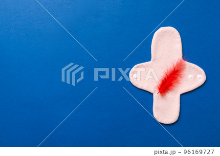 set of colorful bright reusable menstrual pads. zero waste woman periods concept top view with copy space set of colorful bright reusable menstrual pads. zero waste woman periods concept top view with copy space 96169727