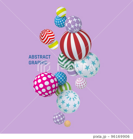 Abstract graphic balls. 3D background. Geometric circle shapes. Patterned spheres composition. Striped or spotted ornament. Art balloons. Bubbles dynamic motion. Vector modern design Abstract graphic balls. 3D background. Geometric circle shapes. Patterned spheres composition. Striped or spotted ornament. Art balloons. Bubbles dynamic motion. Vector modern design 96169906