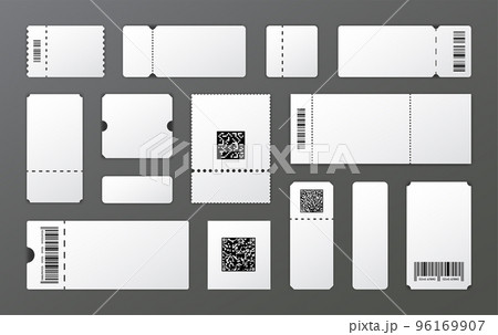 Event ticket. Movie coupon template. Vintage circus or lottery card. Blank cinema entry pass mockup with barcode or QR code. Control dotted line. Concert access labels. Vector modern set Event ticket. Movie coupon template. Vintage circus or lottery card. Blank cinema entry pass mockup with barcode or QR code. Control dotted line. Concert access labels. Vector modern set 96169907