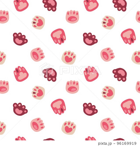 Cat paw pattern, kitten and dog hearts. Cute repeat of animal logo, kitty claws, calico pet signs. Decor textile, wrapping paper, wallpaper. Meow characters hands. Vector seamless background Cat paw pattern, kitten and dog hearts. Cute repeat of animal logo, kitty claws, calico pet signs. Decor textile, wrapping paper, wallpaper. Meow characters hands. Vector seamless background 96169919
