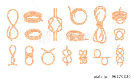 Knotted ropes. Looped bowknot twisted curve straight fiber thread, braided cord knot string tie elements cartoon flat style. Vector isolated collection 96170830