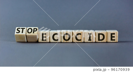 Stop ecocide symbol. Turned wooden cubes with words stop ecocide. Beautiful grey background, copy space. Business, ecological and stop ecocide concept. Stop ecocide symbol. Turned wooden cubes with words stop ecocide. Beautiful grey background, copy space. Business, ecological and stop ecocide concept. 96170939