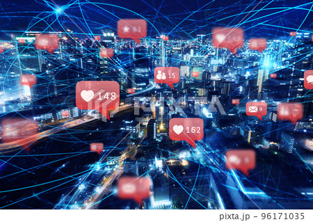 Fast internet connection in the city at night. Concept of social network, technology and innovation 96171035