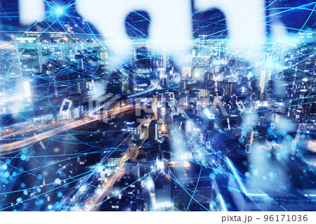 Fast internet connection in the city at night. Concept of technology and innovation 96171036