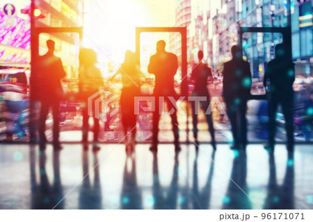 Concept background with business people silhouette looking out of the window. Double exposure 96171071