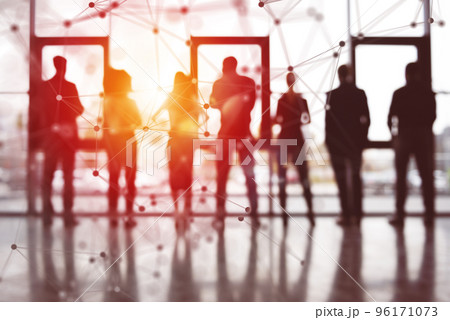 Concept background with business people silhouette looking out of the window. Double exposure with network effetct 96171073