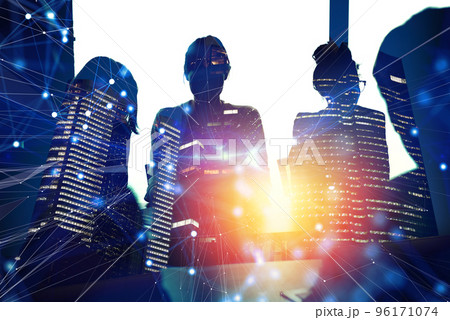 Business people collaborate together in office. Internet connection effects. Double exposure effects. 96171074