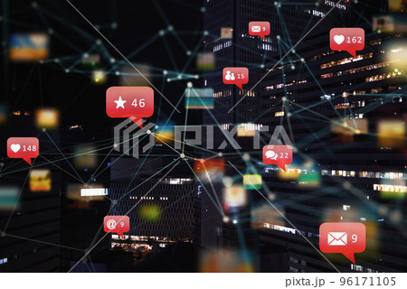Internet network of a city with social network icon, heart, messages, emails. Modern connection. 96171105
