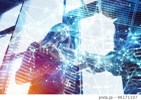 Network background concept with business people silhouette. Double exposure and network effects 96171107