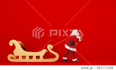 Santa Claus drags a big golden sleigh on a red background 96171108