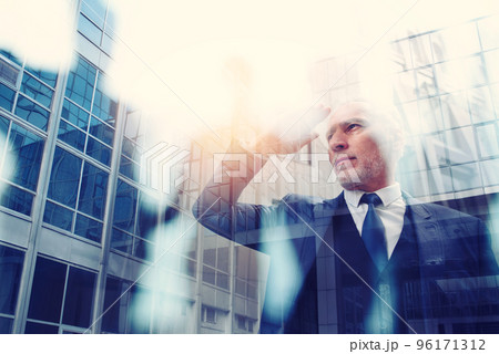 Business boss look far. Concept of future, success, determination, achievement. Double exposure 96171312