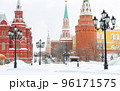 Moscow in winter, Russia. Scenery of Manezhnaya Square under snow 96171575