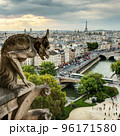 Gargoyle on Notre Dame de Paris looks at city, France 96171580
