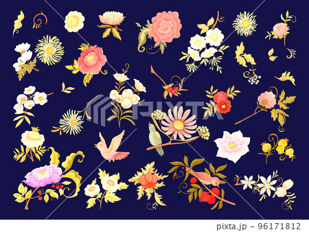 Fantasy flowers and birds in retro, vintage, jacobean embroidery style.  96171812