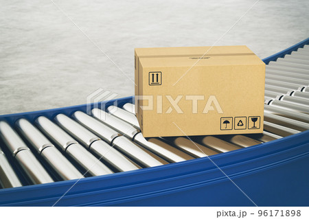 Cardboard boxes on conveyor rollers ready to be shipped by courier for distribution Cardboard boxes on conveyor rollers ready to be shipped by courier for distribution 96171898