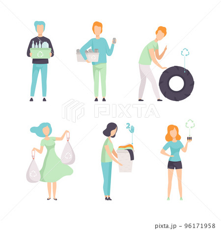 People Characters Sorting Waste and Garbage for Recycling and Reuse Vector Set 96171958