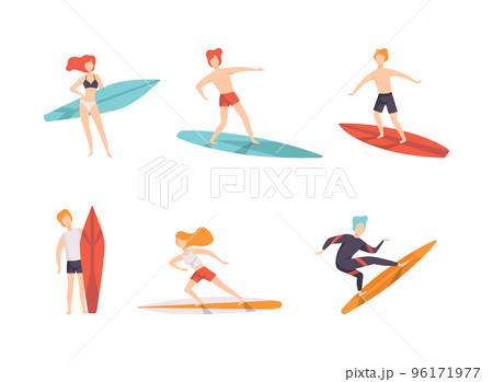 People Surfer Riding Surfboard Enjoying Summer Vacation Activity Vector Set 96171977