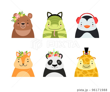 Cute Baby Animals with Smiling Snouts Wearing Headdress Vector Set 96171988