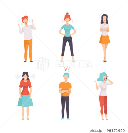 Angry and Furious People Characters Shouting and Steaming Vector Set 96171990