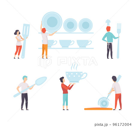 People Characters Holding Giant Kitchen Tools Engaged in Cooking and Food Preparation Vector Set People Characters Holding Giant Kitchen Tools Engaged in Cooking and Food Preparation Vector Set 96172004