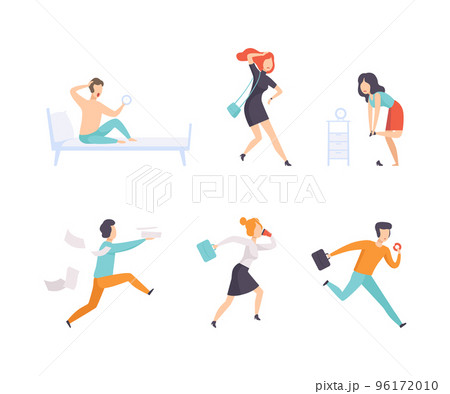 People Office Employee Late to Work in Hurry Running and Rushing Forward Vector Set 96172010