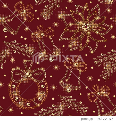 Seamless pattern with christmas bells, wreath, poinsettia, spruce branch of jewelry gold chains, shiny ball beads. Small stars, sparkles on red background For christmas, new year holiday decoration Seamless pattern with christmas bells, wreath, poinsettia, spruce branch of jewelry gold chains, shiny ball beads. Small stars, sparkles on red background For christmas, new year holiday decoration 96172137