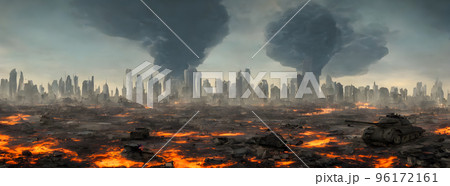 Post apocalypse. Nuclear apocalypse survivor. Ruined Cityscape. Concept. Banner size. Header 96172161