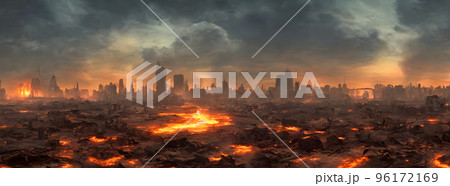 Post apocalypse. Nuclear apocalypse survivor. Ruined Cityscape. Concept. Banner size. Header 96172169