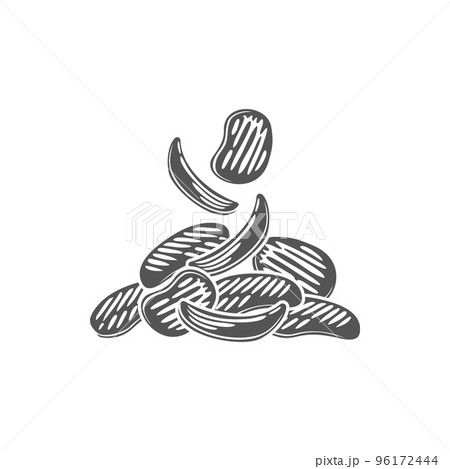 Salted potato chips isolated monochrome icon. Vector portion of fastfood snack, spicy crispy and crunchy falling corrugated potato chips, sliced wavy ridged cut potatoes in black and white Salted potato chips isolated monochrome icon. Vector portion of fastfood snack, spicy crispy and crunchy falling corrugated potato chips, sliced wavy ridged cut potatoes in black and white 96172444