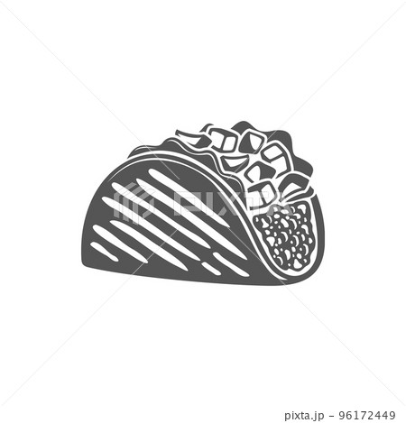 Mexican tacos isolated fried tortilla monochrome icon. Vector fastfood snack with vegetable beans lettuce tomatoes and meat. Hard-shell taco, made with prefabricated shell, quesadilla dish 96172449
