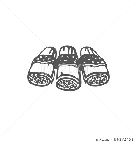 Enchilados or enchilada corn tortilla, burrito with meat and vegetables isolated fastfood snack. Vector shaurma street food, three bread rolls with chicken or beef, tomatoes and greens, takeaway food 96172451