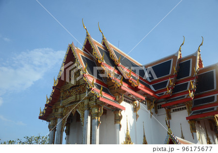 Church at Chulamanee Temple. sky background. Samut Songkhram province. Landmarks Thailand Church at Chulamanee Temple. sky background. Samut Songkhram province. Landmarks Thailand 96175677