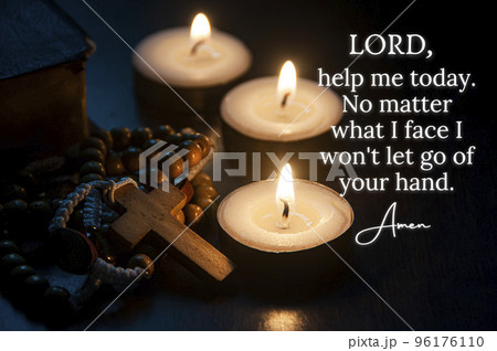 Christian prayer text seeking for help with Holy Rosary and burning candles background. Christian prayer and religion concept Christian prayer text seeking for help with Holy Rosary and burning candles background. Christian prayer and religion concept 96176110